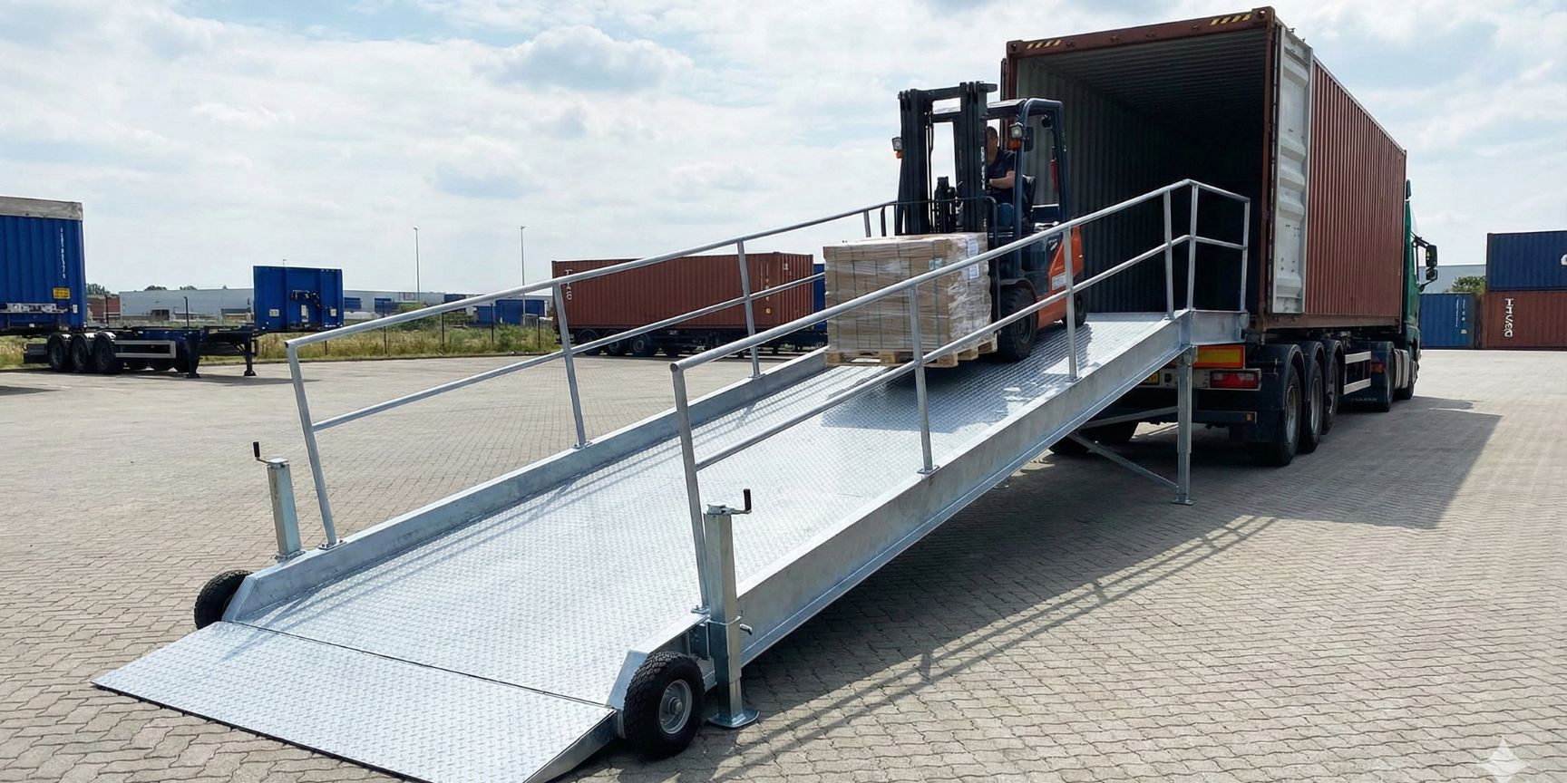 Mobile Laderampe aus Stahl auf einem Betriebshof, über die ein Gabelstapler mit Palette vom Boden in einen Seecontainer auf einem LKW-Trailer fährt